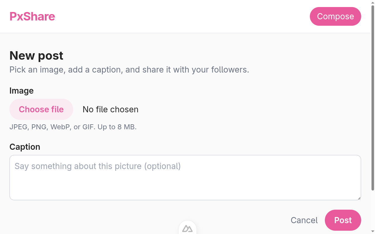 PxShare compose page.  An Image file picker, an empty
Caption textarea, and a pink Post button on the
right.
