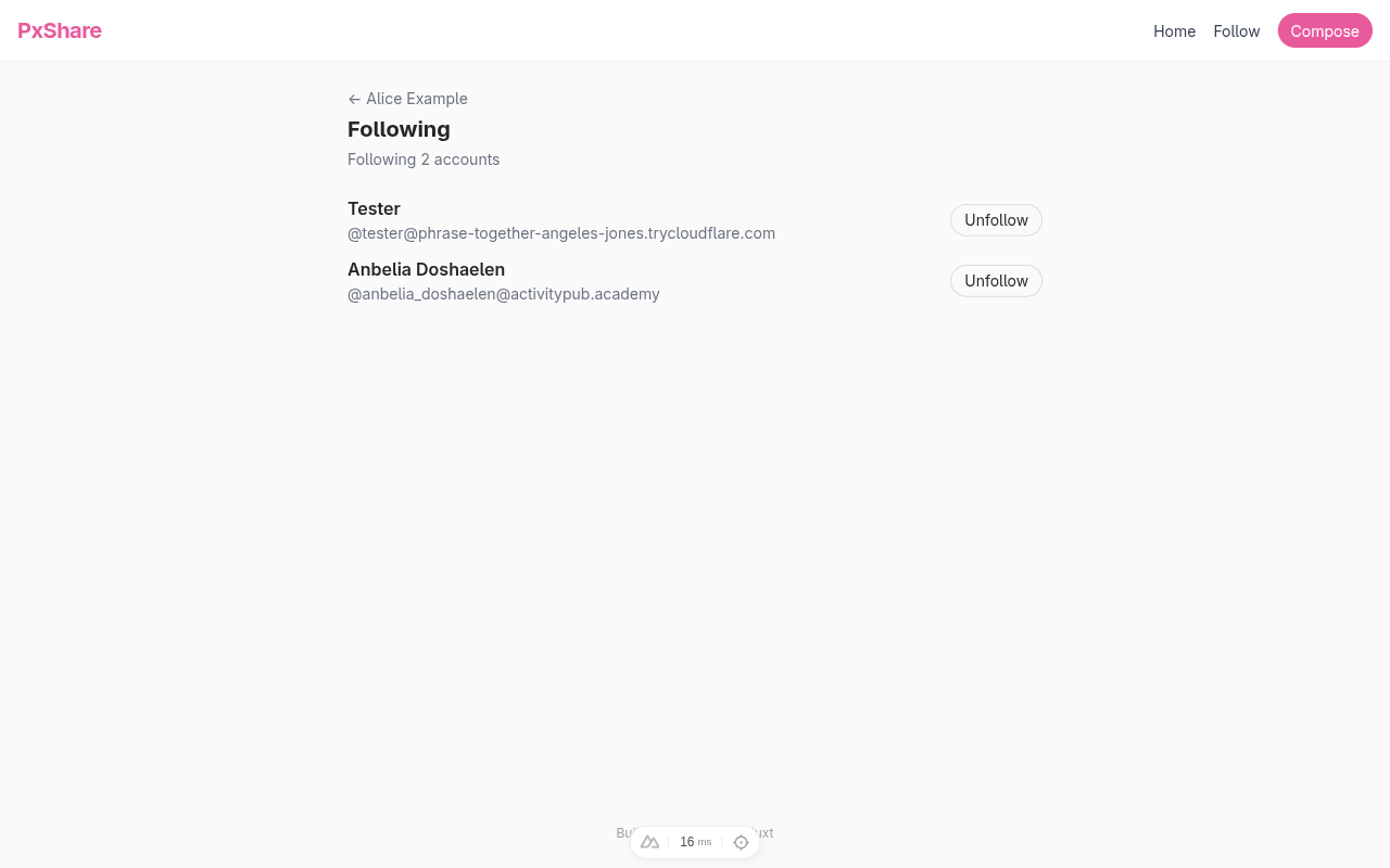 alice's Following page showing two entries: a Pixelfed
account “Tester” (testeryour-pixelfed.example)
and an ActivityPub.Academy account “Anbelia Doshaelen”, each
with an Unfollow button on the
right.