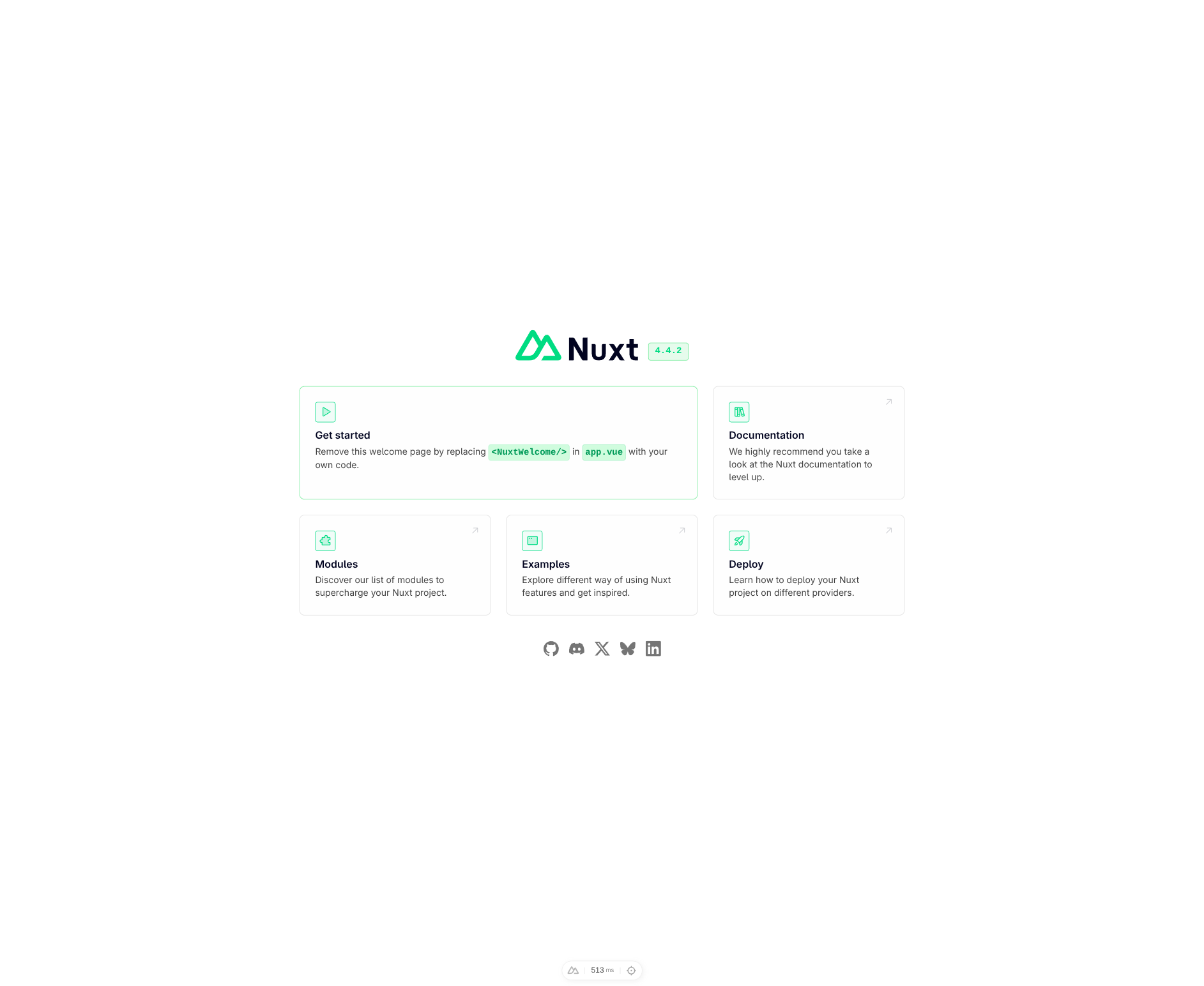 Nuxt's welcome page at http://localhost:3000/ after running 
for the first time.