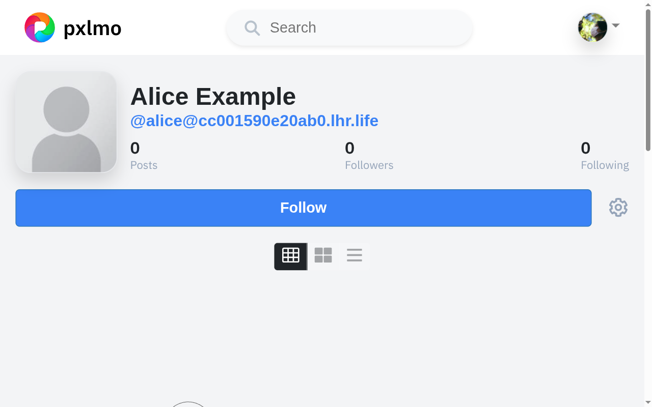 Pixelfed profile view of Alice Example with the federated handle,
the default placeholder avatar, three counters (0 Posts, 0
Followers, 0 Following), and a blue Follow
button.