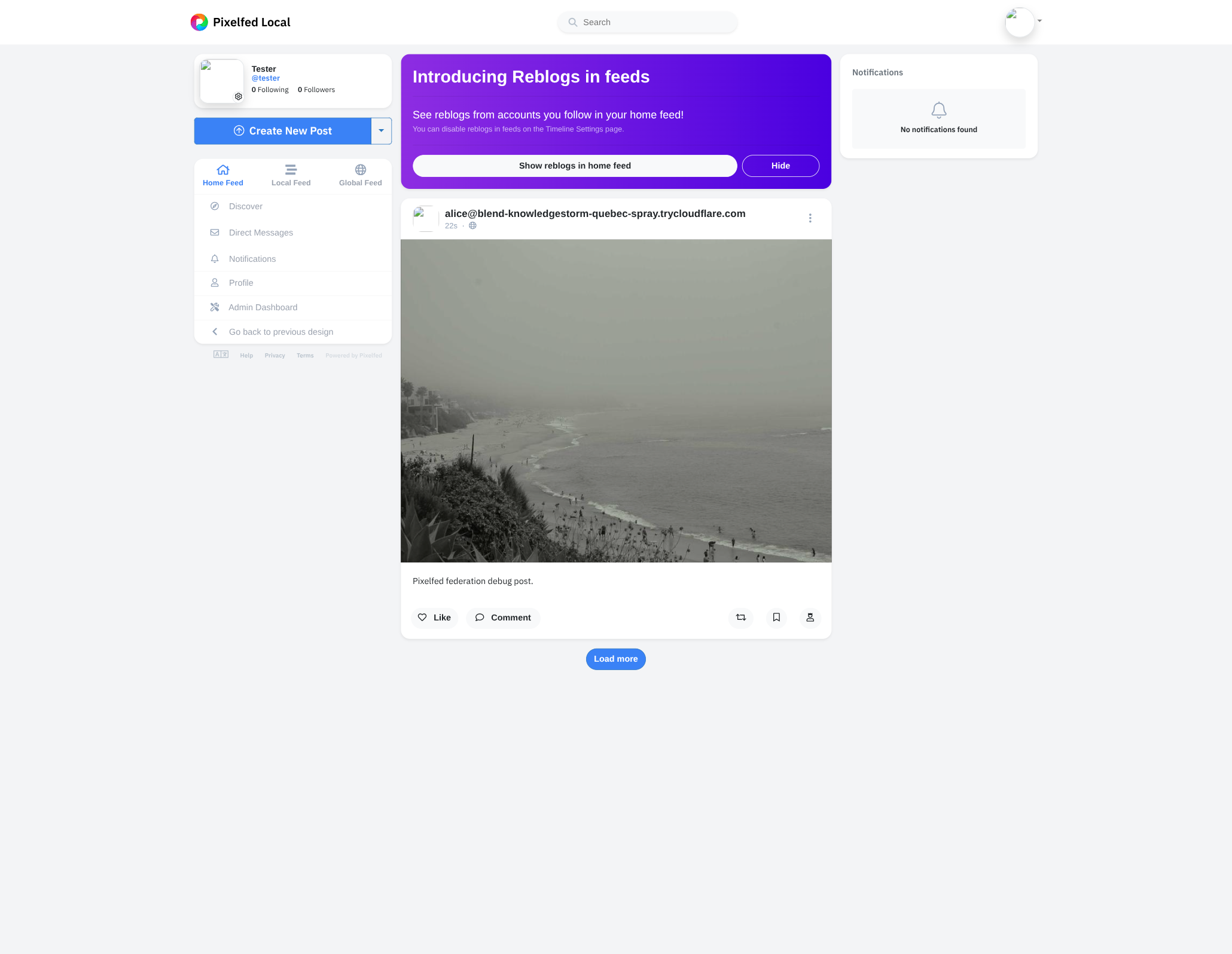 Pixelfed's home feed rendering alice's foggy beach photo
under her handle, with the caption “Pixelfed federation debug
post.” beneath the
image.