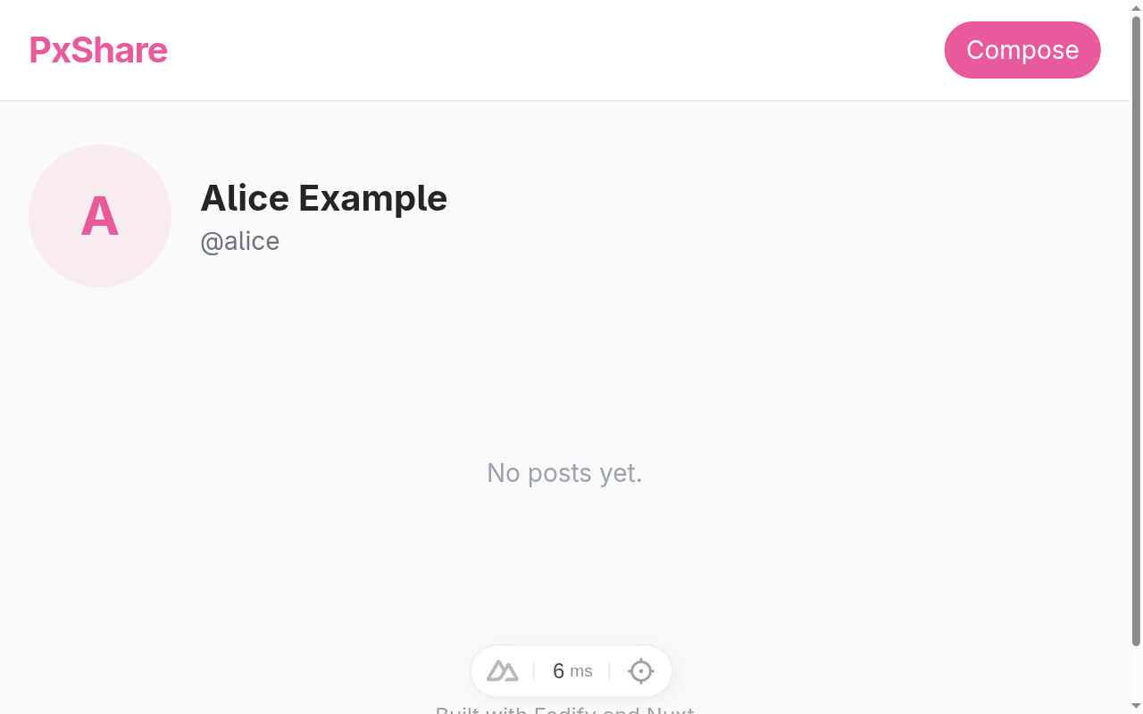 Alice's profile page: a pink circular avatar, her display name and
handle, and an empty “No posts yet.”
grid.